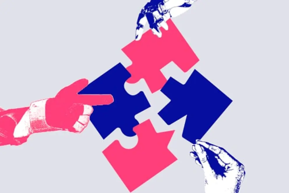 Collage: Drei Hände fügen Puzzleteile zusammen