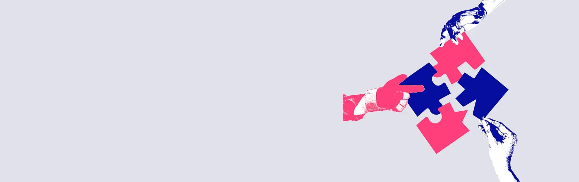 Collage: Drei Hände fügen Puzzleteile zusammen