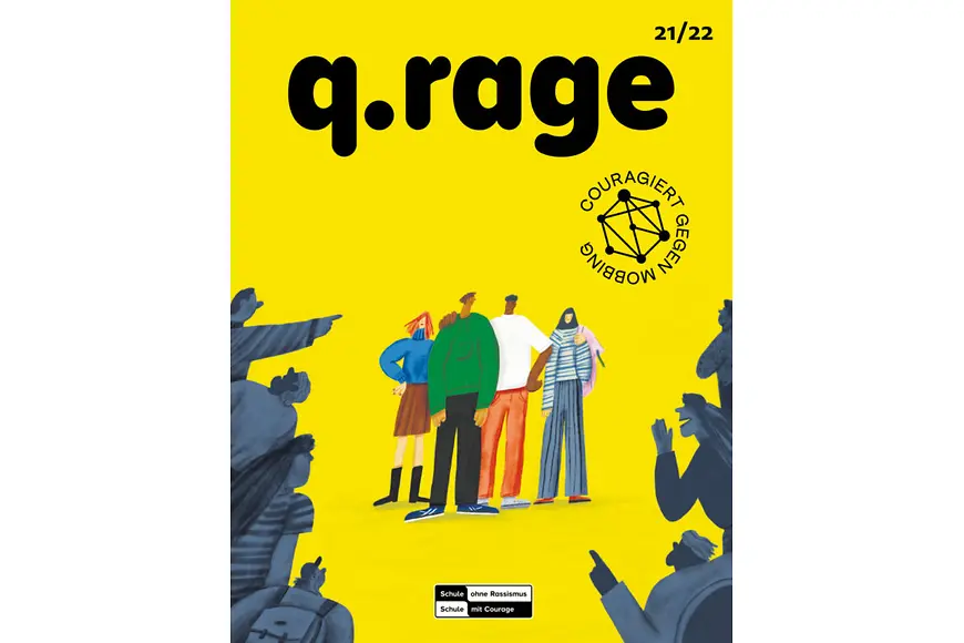 Titelbild der Zeitung q.rage: Zeichnung einer Gruppe junger Menschen, auf die andere Menschen von außen zeigen