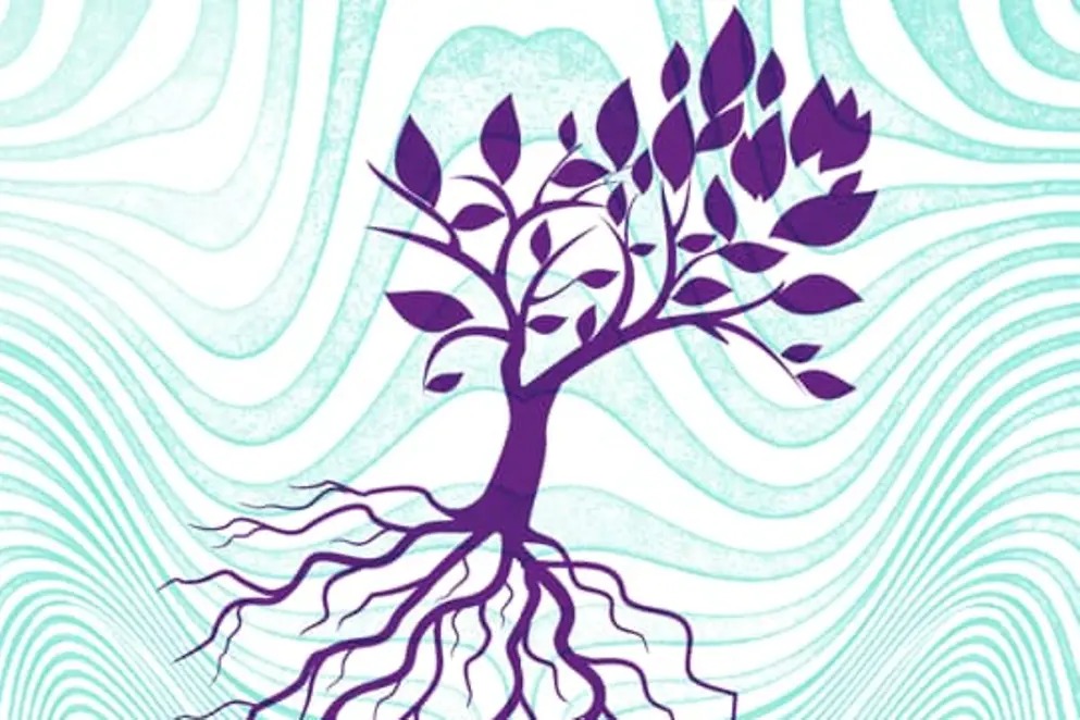 Ein stilisierter Baum in Lila mit Blättern und Wurzeln