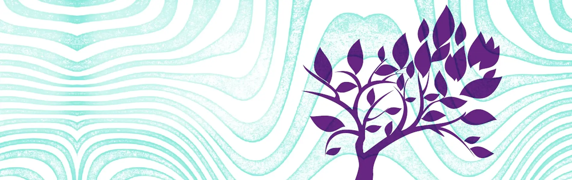 Ein stilisierter Baum in Lila mit Blättern und Wurzeln