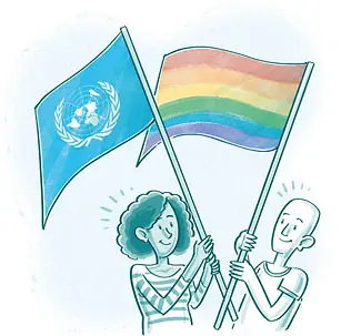 Zeichnung: Eine Person schwenkt eine Flagge der Vereinten Nationen, eine andere eine Regenbogenflagge