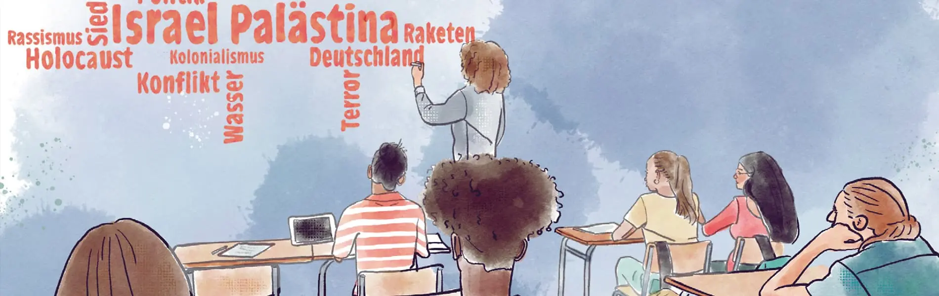 Schüler und Schülerinnen schauen auf Lehrkraft, die viele Worte an die Wand schreibt: darunter "Israel", "Palästina", "Konflikt"