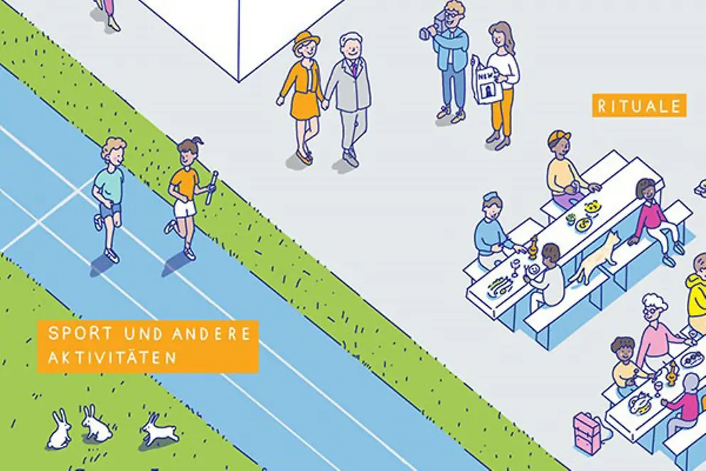 Ein Schaubild zeigt im Comic-Stil Szenen aus einem Schulalltag.