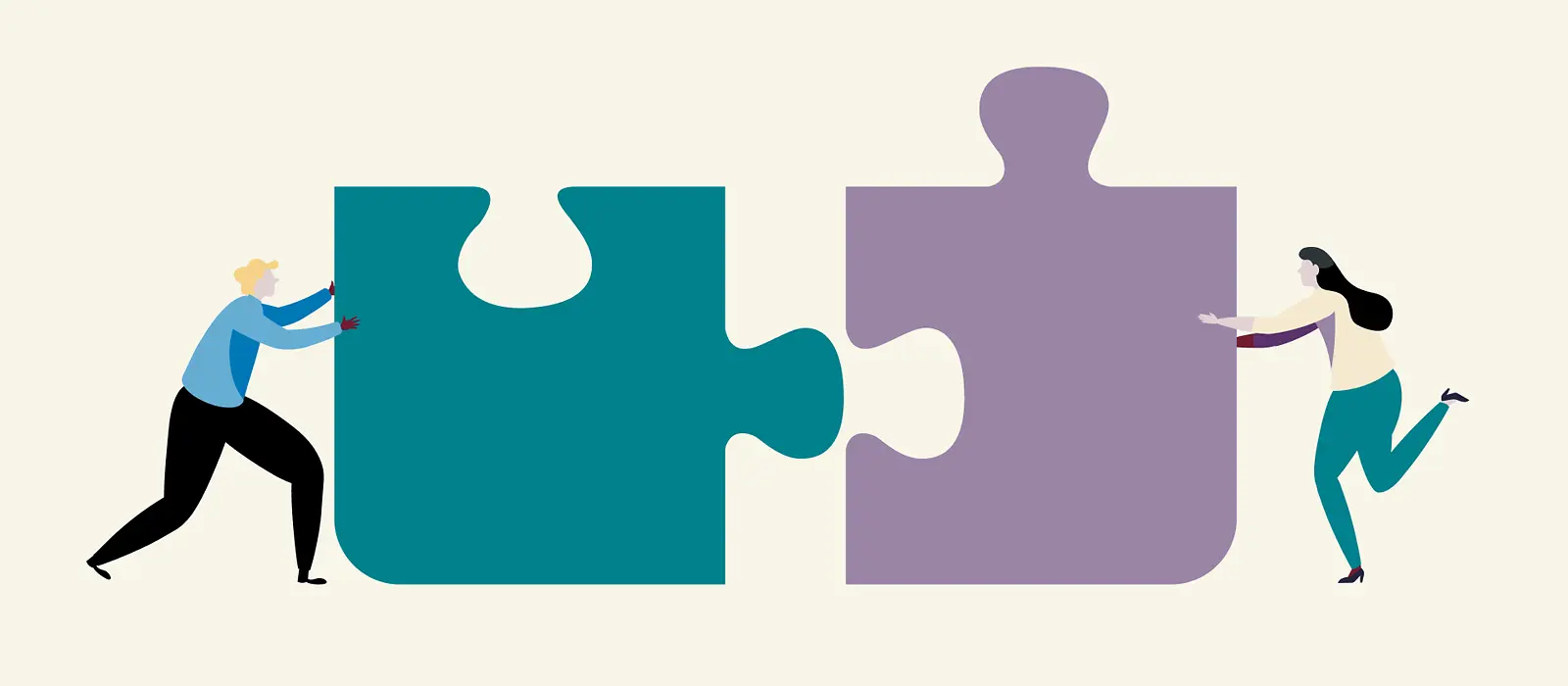 Illustration: Zwei Personen schieben zwei riesige Puzzleteile aneinander