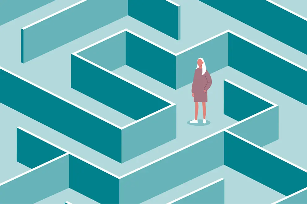 Illustration: Frau inmitten eines Irrgartens