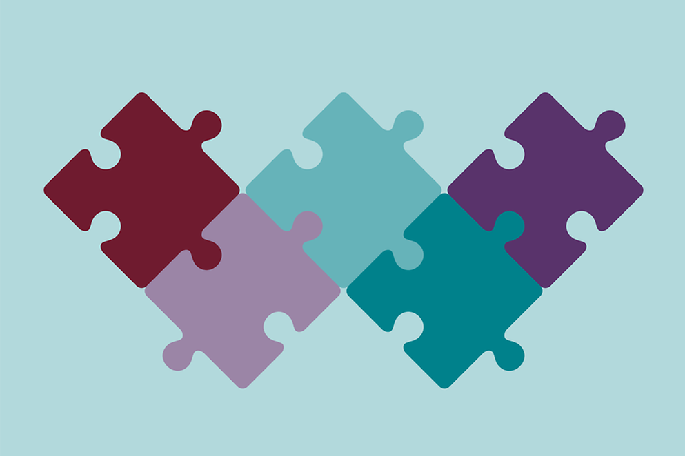 Illustration: Fünf zusammengesteckte Puzzleteile