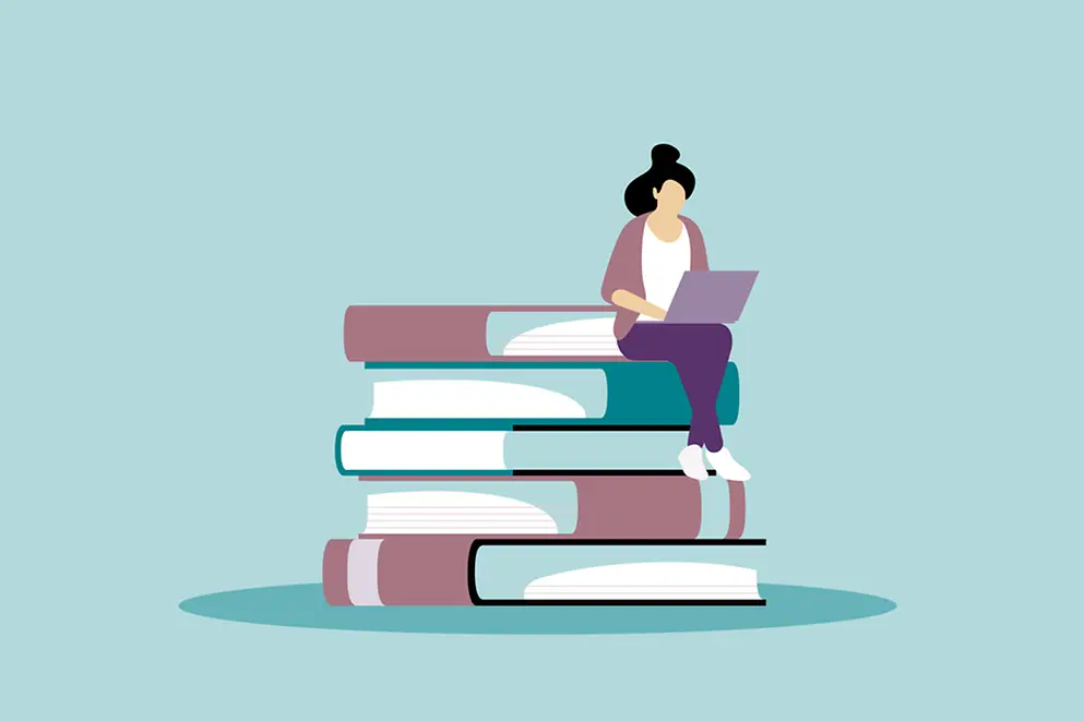 Illustration: Frau mit Laptop sitzt auf Stapel riesiger Bücher