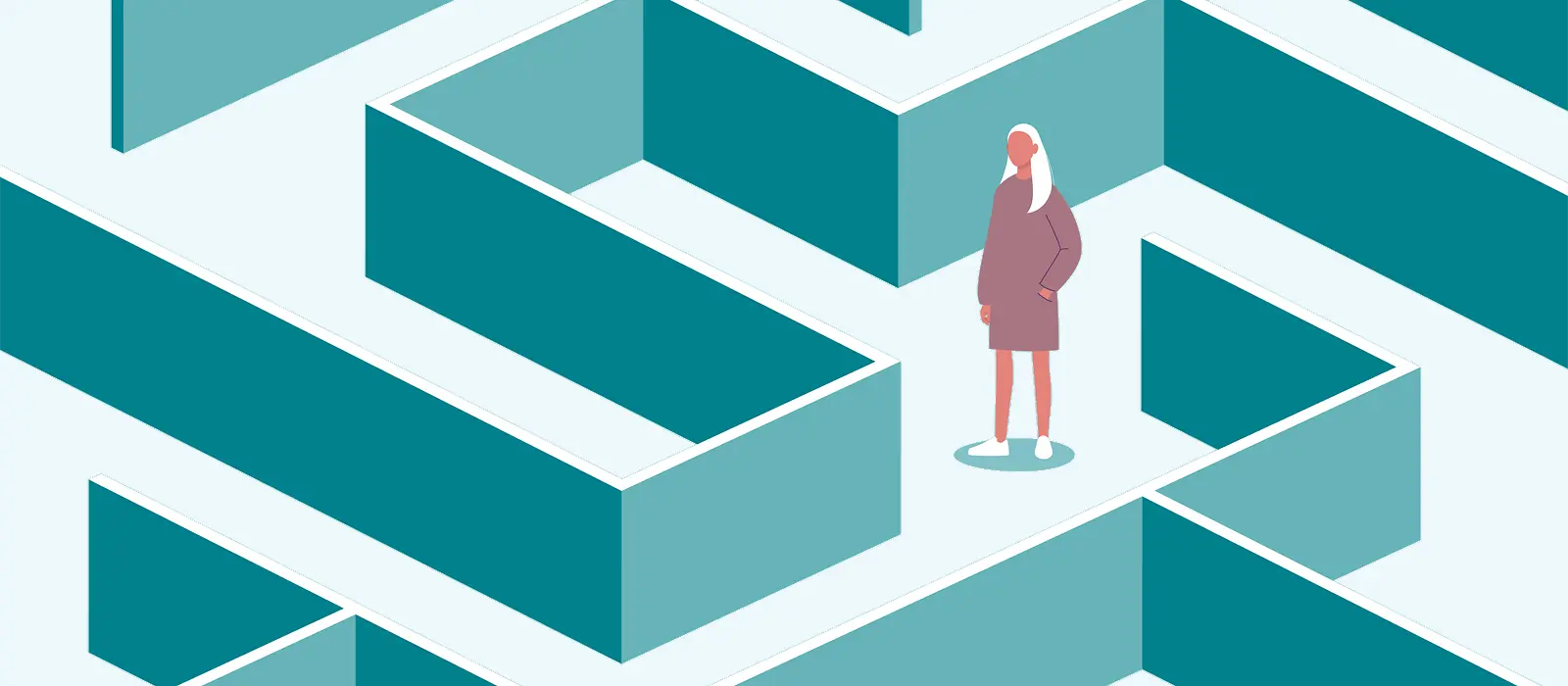 Illustration: Frau inmitten eines Irrgartens