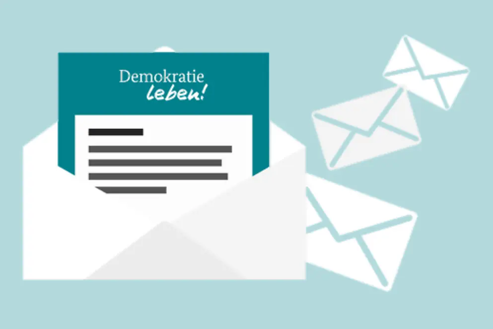 Illustration: Briefumschlag mit Brief, Briefkopf: Demokratie leben!