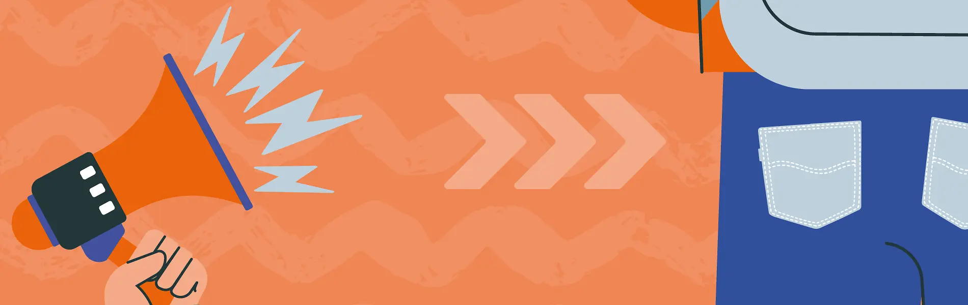 Grafik: links ein von einer Hand gehaltenes Megafon, rechts die Rückansicht einer Jeans