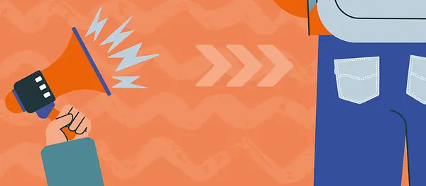 Grafik: links ein von einer Hand gehaltenes Megafon, rechts die Rückansicht einer Jeans