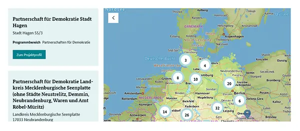 Ausschnitt aus dem Projektfinder des Bundesprogramms "Demokratie leben!"