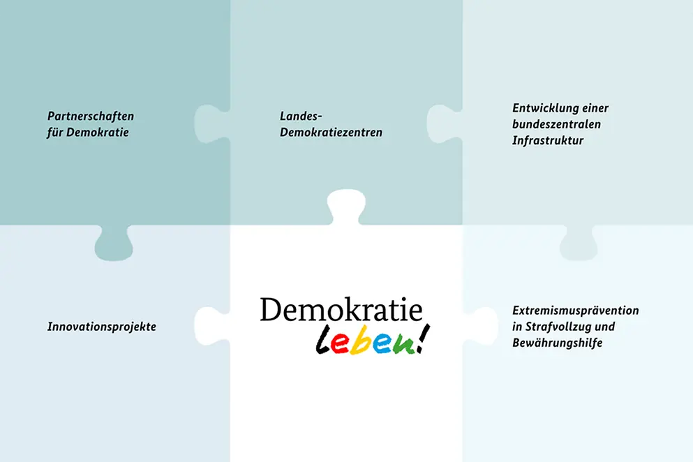Grafik: Puzzle mit 2 x 3 Teilen, auf ihnen die Namen der Programmbereiche und "Demokratie leben!"