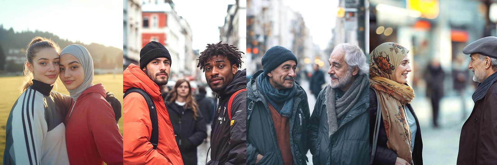 Vier Bilder mit je zwei Personen: diese sehen sich gegenseitig an oder gucken gemeinsam in die Kamera
