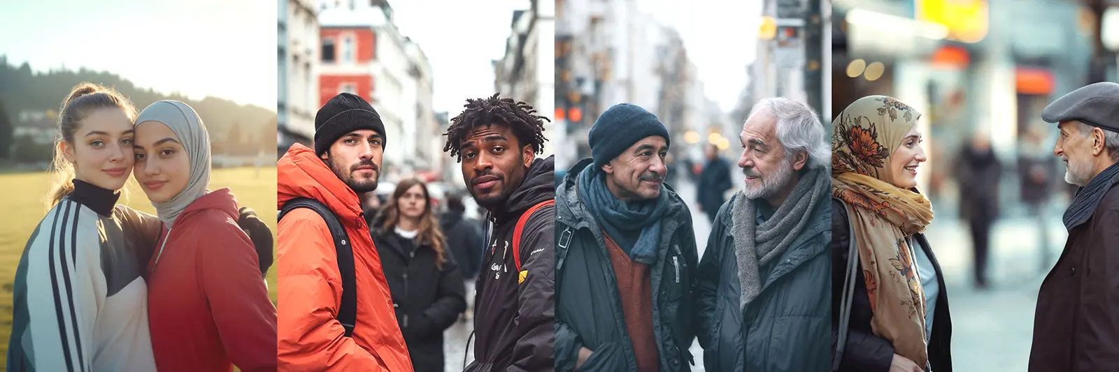 Vier Bilder mit je zwei Personen: diese sehen sich gegenseitig an oder gucken gemeinsam in die Kamera