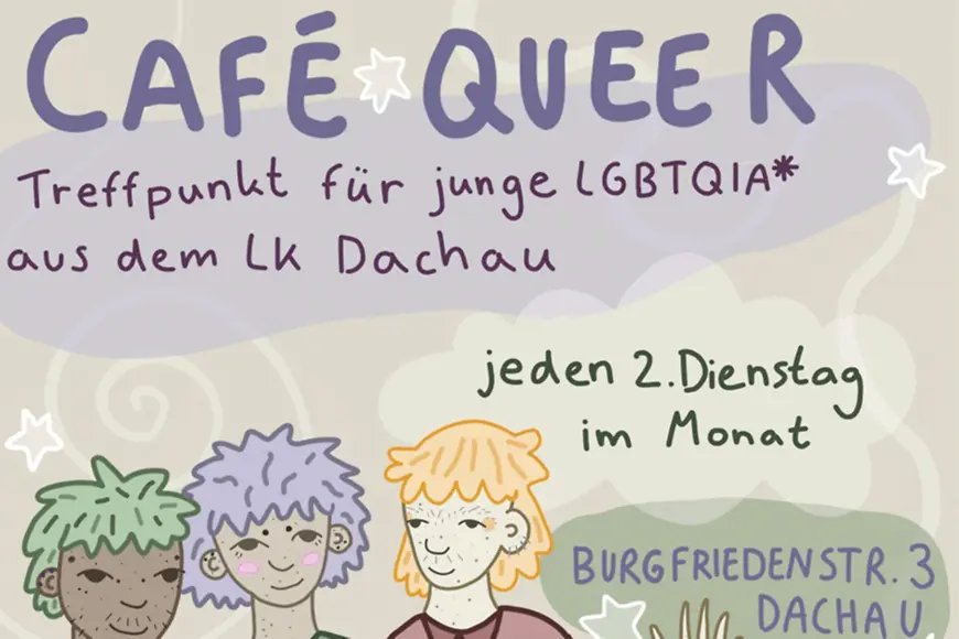 Drei bunte Personen sind abgebildet neben dem Text: Café Queer.