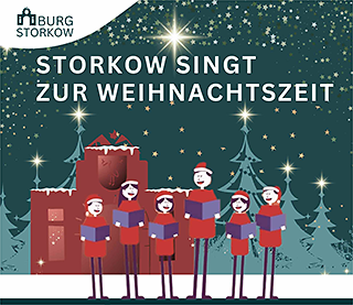 Schriftgrafik: Storkow singt zur Weihnachtszeit; darunter: Menschen, die singen.