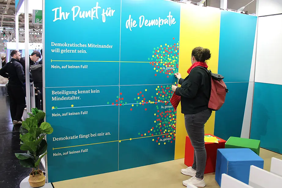 Eine Person setzt Punkte an einer Wand mit drei Abstimmungsmöglichkeiten.