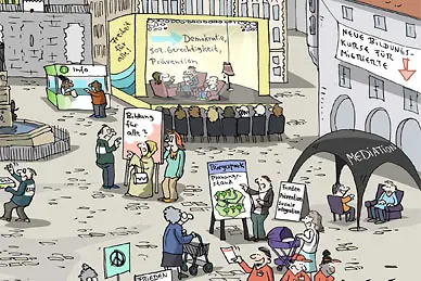 Die Grafik zeigt ein Stadtbild mit vielen Informationsständen, einer Bühne und einer Demonstration.