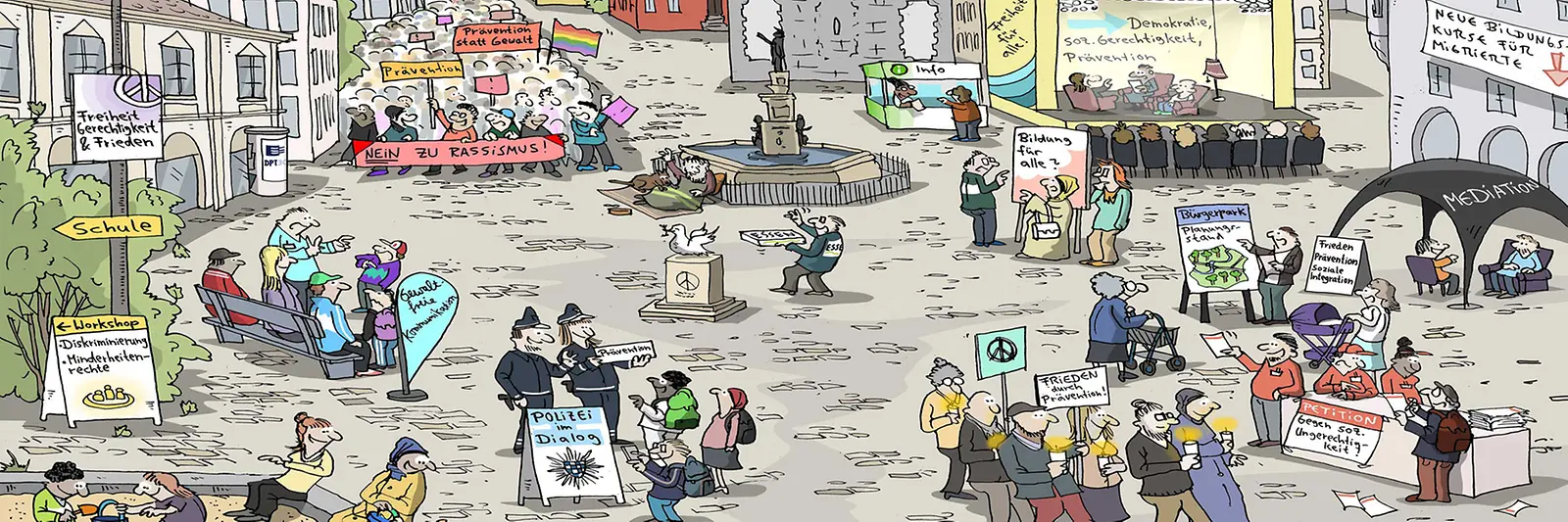 Die Grafik zeigt ein Stadtbild mit vielen Informationsständen, einer Bühne und einer Demonstration.