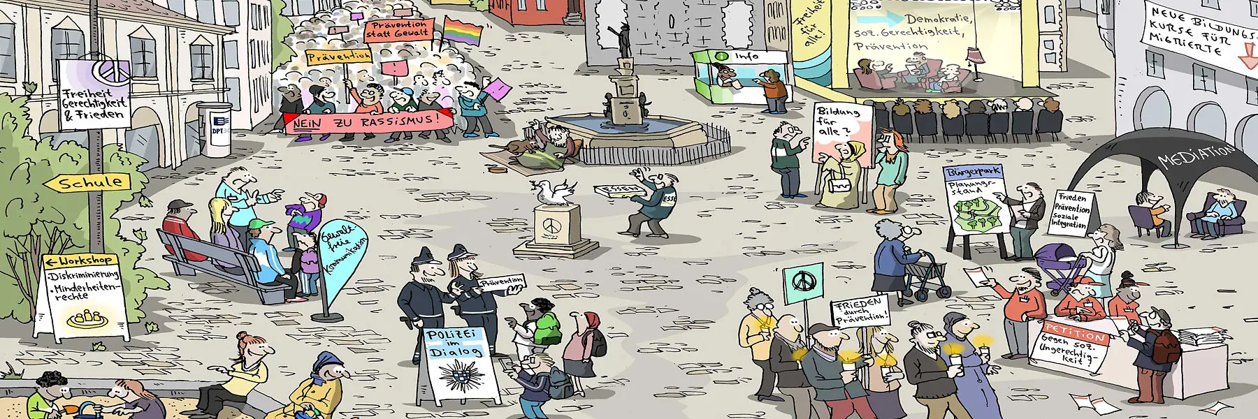 Die Grafik zeigt ein Stadtbild mit vielen Informationsständen, einer Bühne und einer Demonstration.