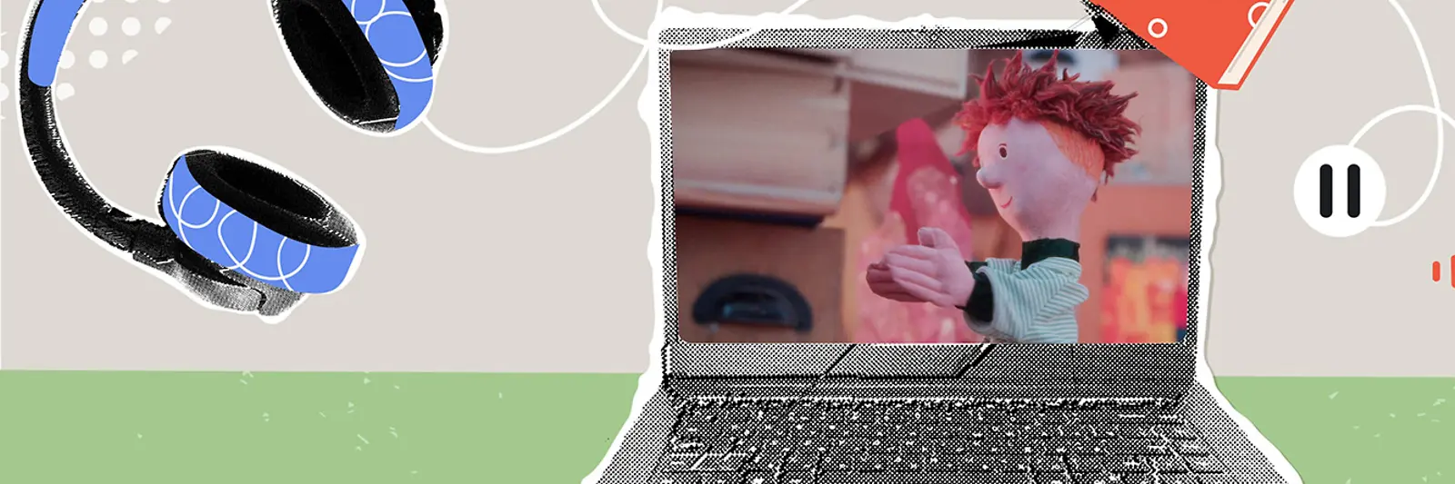 Bildcollage mit Laptop, Buch, Kopfhörer und Handpuppe