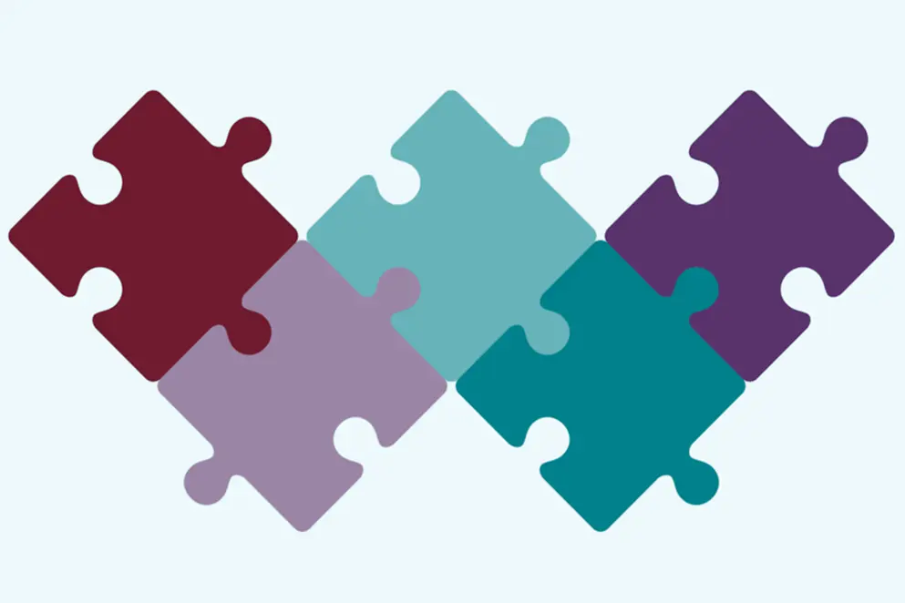 Illustration: Fünf zusammengesteckte Puzzleteile