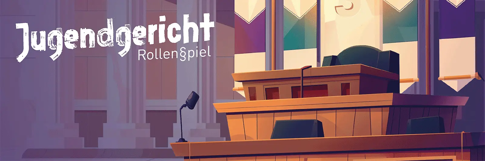 Richterpult, daneben Schriftgrafik: Jugendgericht Rollenspiel