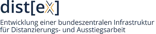 Schriftgrafik: "dist[ex] – Entwicklung einer bundeszentralen Infrastruktur für Distanzierungs- und Ausstiegsarbeit"