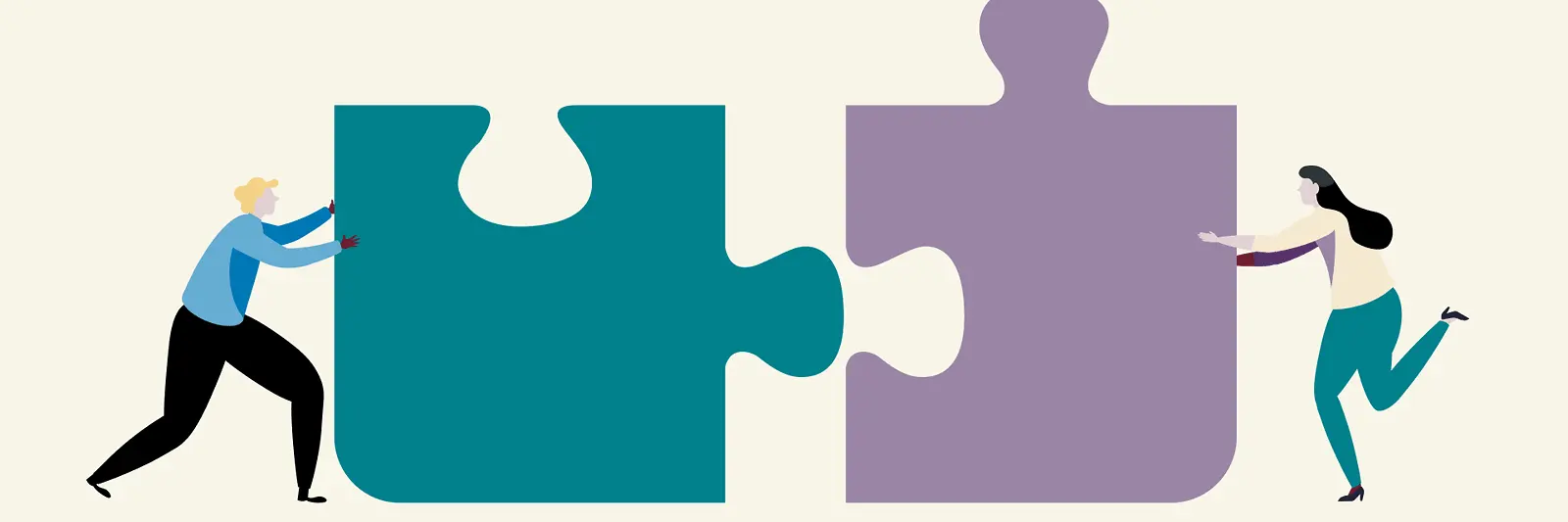 Illustration: Zwei Personen schieben zwei riesige Puzzleteile aneinander
